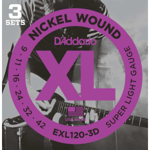 D'Addario EXL120-3D Nickel Wound Electric Guitar Strings, 9-42, 3 Sets