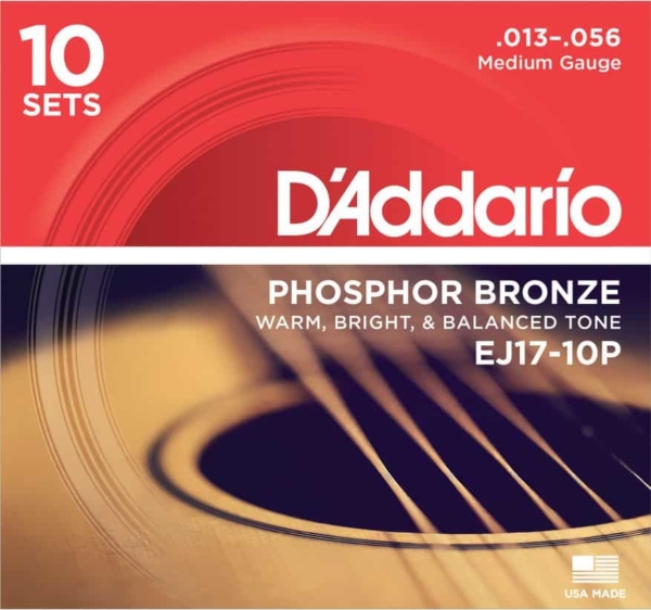 D'Addario EJ17-10P Phosphor Bronze Acoustic Guitar Strings, 13-56, 10 Sets
