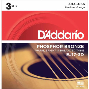 D'Addario EJ17-3D Phosphor Bronze Acoustic Guitar Strings, 13-56, 3 Sets