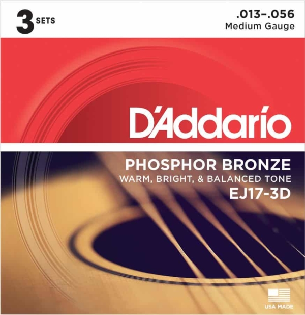 D'Addario EJ17-3D Phosphor Bronze Acoustic Guitar Strings, 13-56, 3 Sets