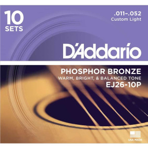 D'Addario EJ26-10P Phosphor Bronze Acoustic Guitar Strings, 11-52, 10 Sets