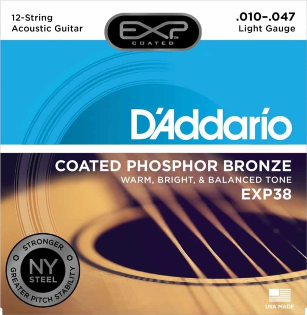 D'Addario EXP38 12-String Coated Phosphor Bronze Acoustic Guitar Strings, 10-47