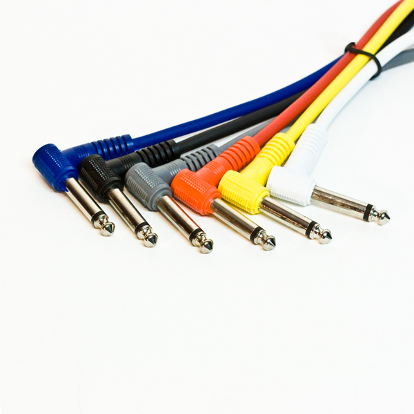0.3m Guitar Patch Lead 1/4" 6.5mm Right Angle Jack Mono Multi Colour Pack of 6